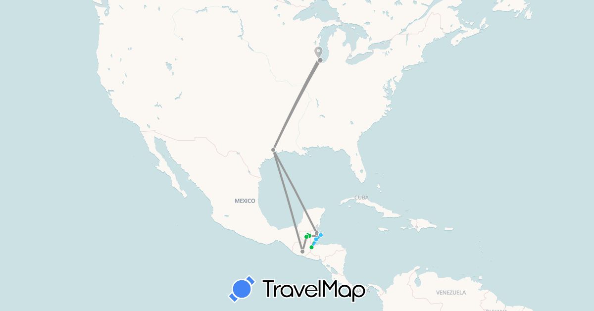 TravelMap itinerary: driving, bus, plane, boat in Belize, Guatemala, United States (North America)